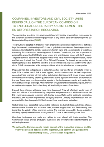 Companies, Investors and Civil Society unite behind call on the European Commission to end legal uncertainty and implement the EU Deforestation Regulation
