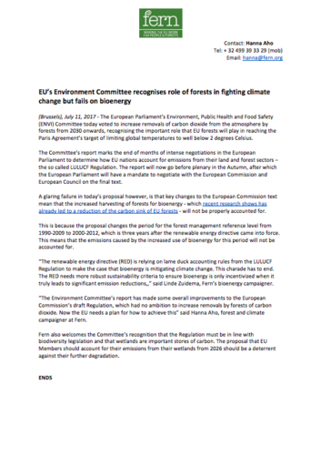 EU’s Environment Committee recognises role of forests in fighting climate change but fails on bioenergy
