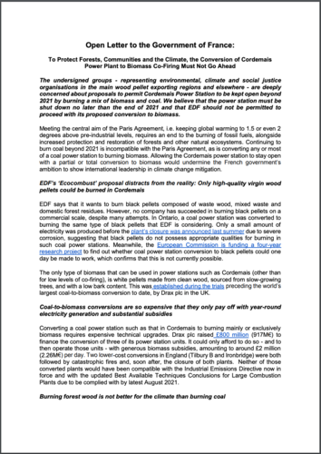 Open Letter to the Government of France: To Protect Forests, Communities and the Climate, the Conversion of Cordemais Power Plant to Biomass Co-Firing Must Not Go Ahead