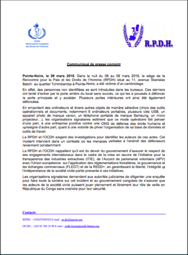 Republic of Congo: Support message for NGO Rencontre pour la Paix et les Droits de l’Homme