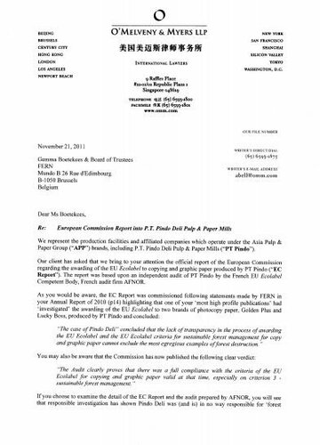 Letter from Asia Pulp and Papers lawyer re: FERNs report on Pindo Deli