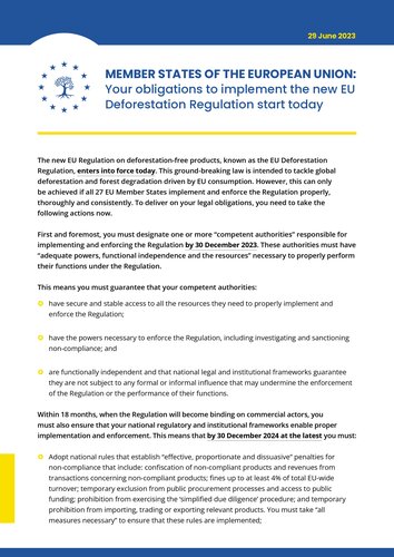 NGO Statement: EU Member States' obligations to implement the new EU Deforestation Regulation start today