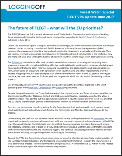 ForestWatch VPA Update June 2017: The future of FLEGT - what will the EU prioritise?