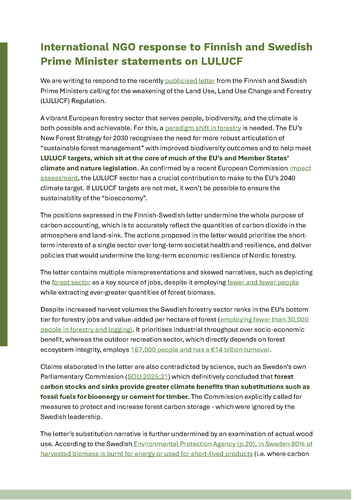 International NGO response to Finnish and Swedish Prime Minister statements on LULUCF