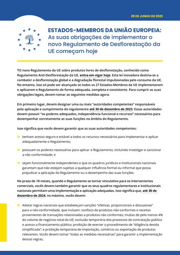 Declaração conjunta das ONG: As obrigações dos Estados-Membros da UE de implementar o novo Regulamento da UE relativo à Desflorestação começam hoje