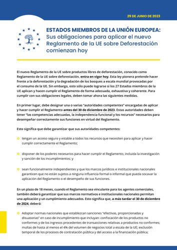 Declaración conjunta de ONG: Las obligaciones de los Estados miembros de la UE de aplicar el nuevo Reglamento de la UE sobre Deforestación comienzan hoy