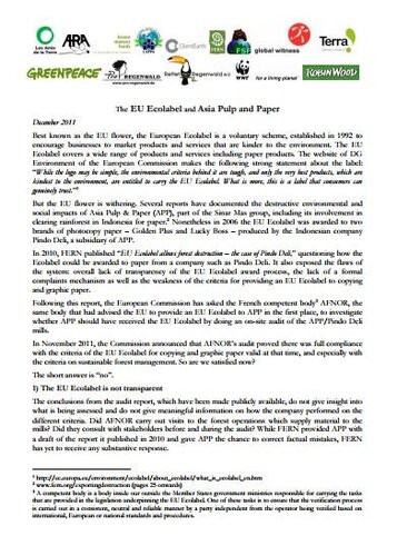 Statement from NGOs on the EU Ecolabel and Asia Pulp and Paper