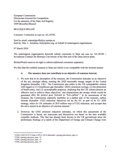 NGO comments to European Commission investigation in to UK state aid to Drax power plan