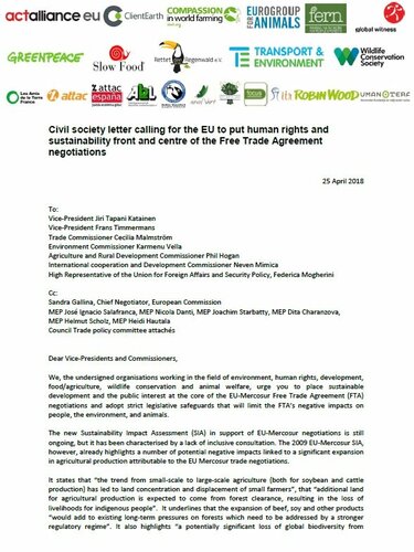 Civil society letter on the EU/Mercosur Free Trade Deal negotiations