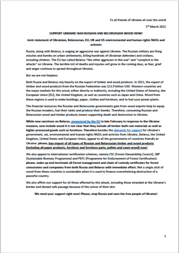 Joint statement to ban Russian wood and support Ukraine
