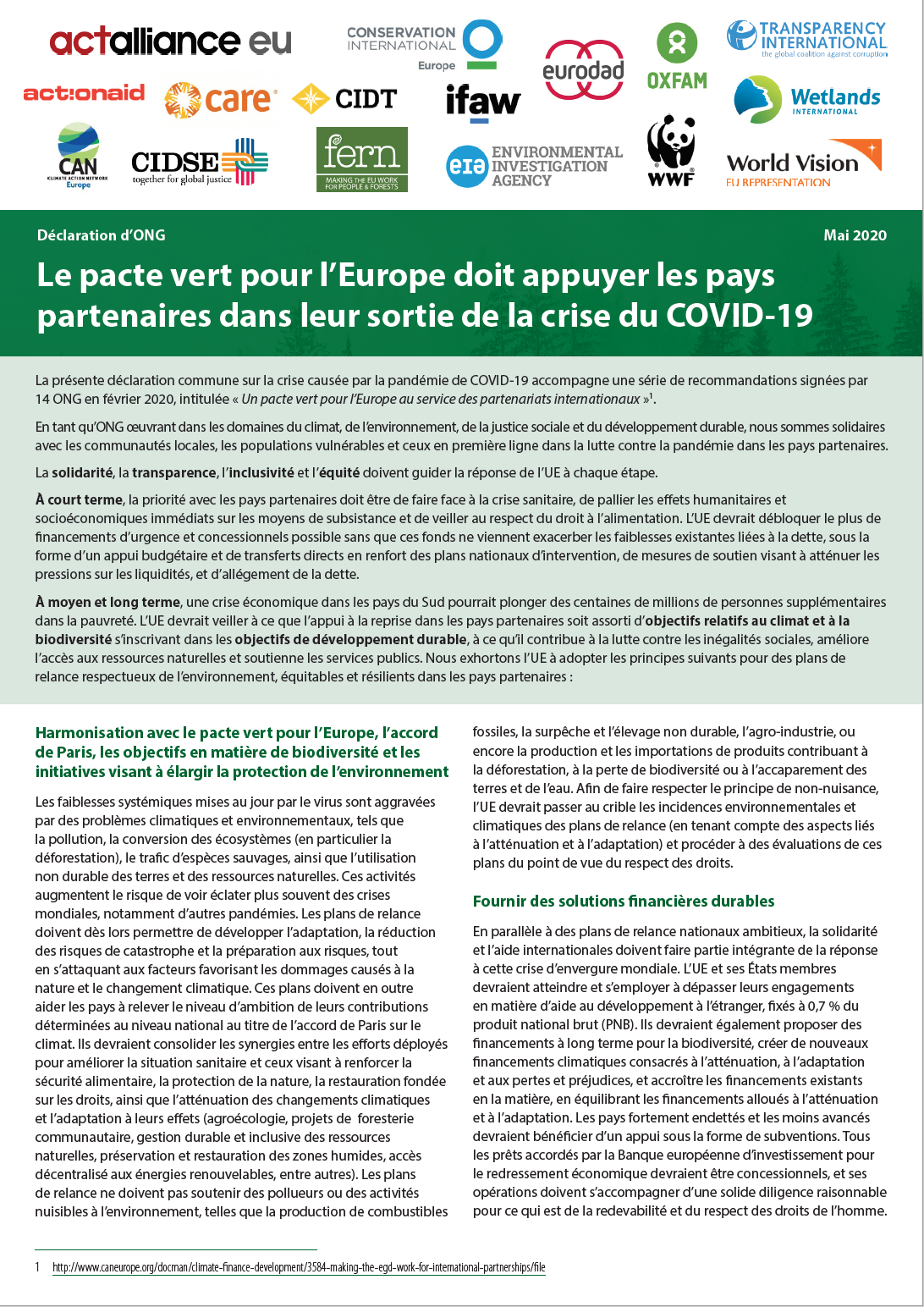 Le pacte vert pour l’Europe doit appuyer les pays partenaires dans leur sortie de la crise du COVID-19